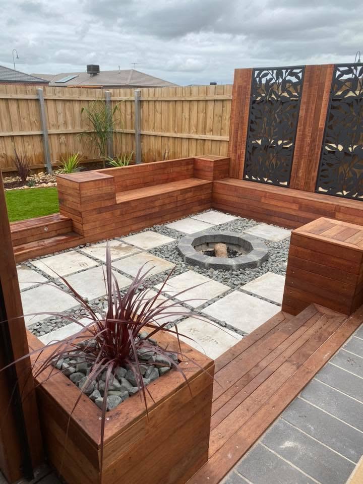 Custom outdoor living area with fire pit seating